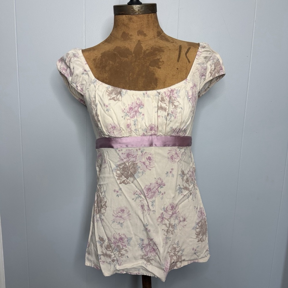 Hollister Milkmaid Mauve Purple Satin Bow Floral Top Small Y2K Style Tie Back